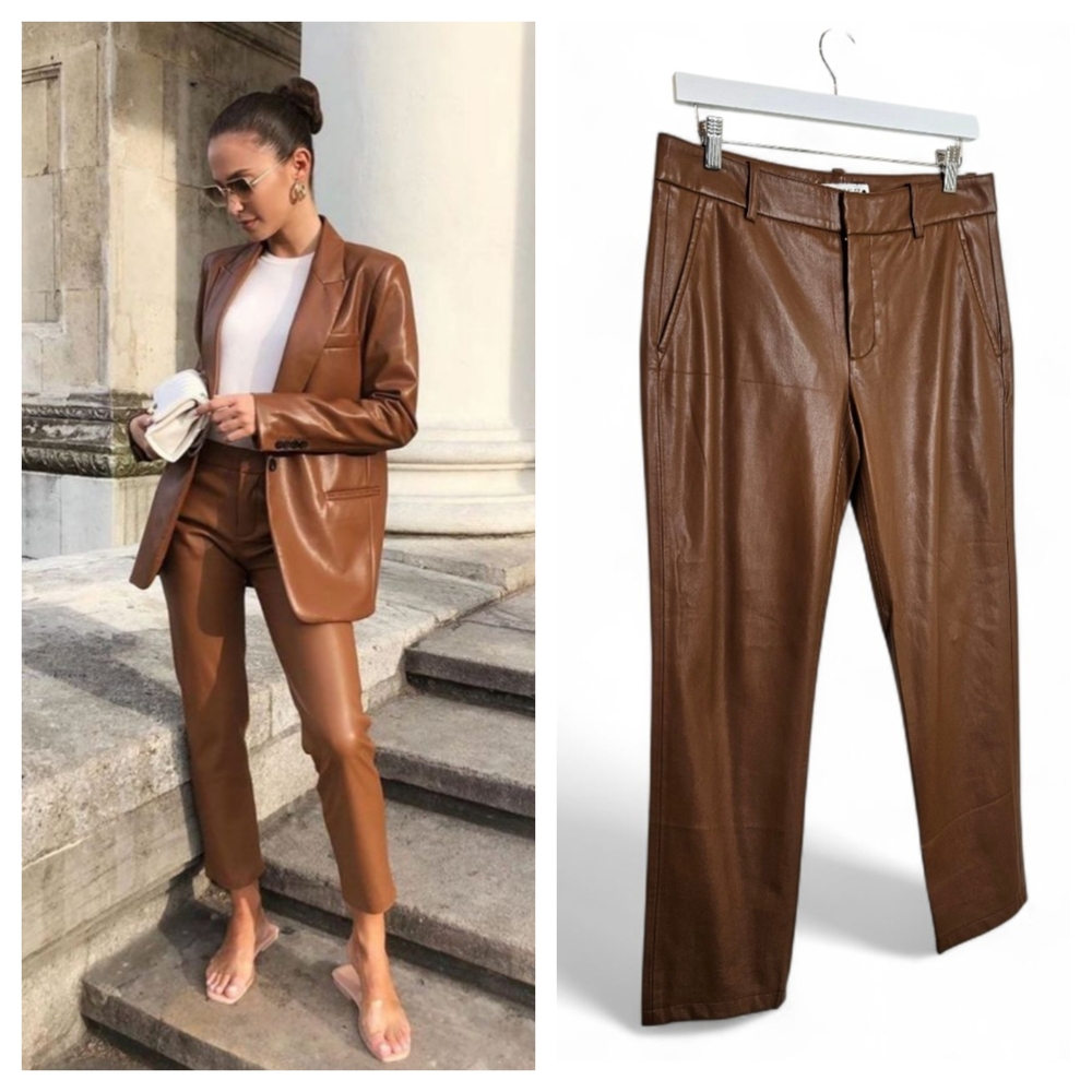 Zara Faux Leather Trousers Size 6 Mid Camel Straight Leg Work Office Pants Brown